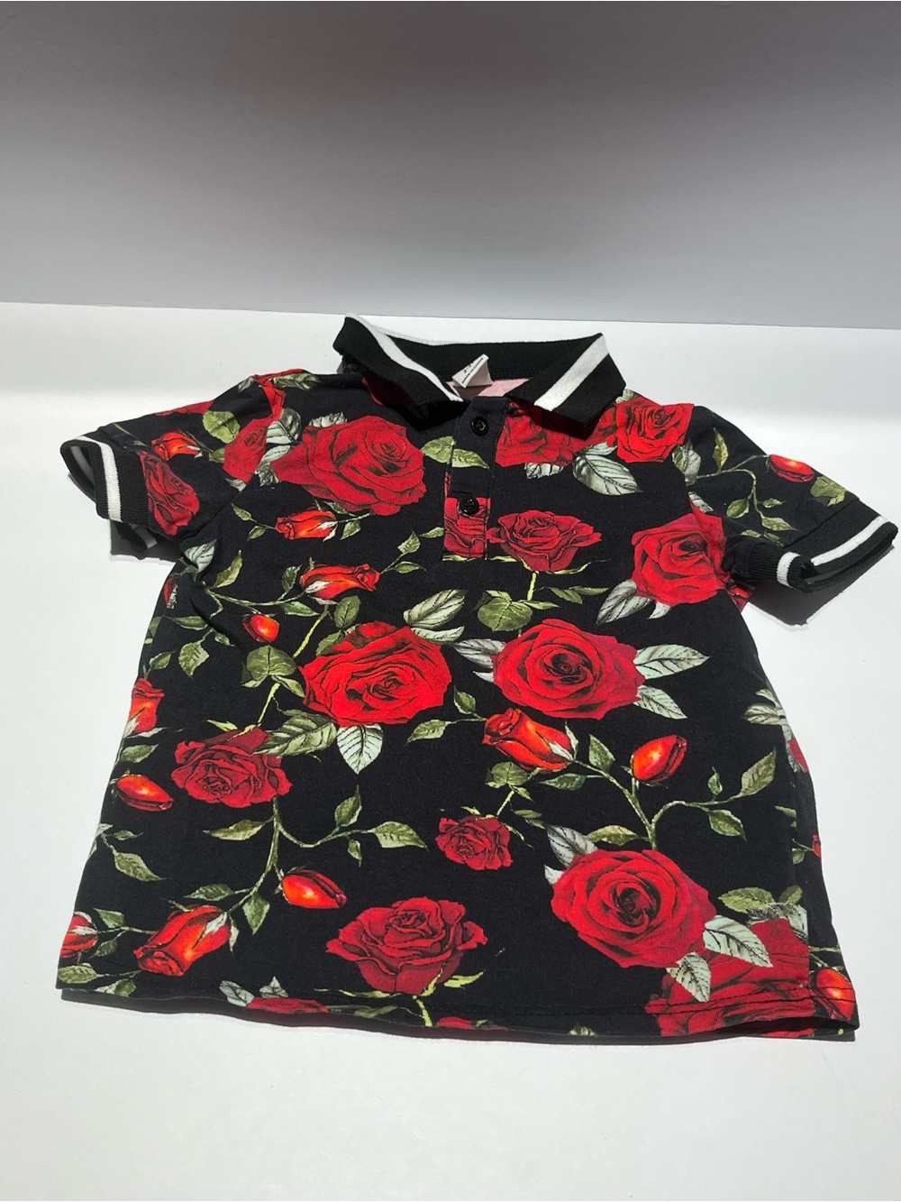 SHEIN Black Polo with Red Rose Print